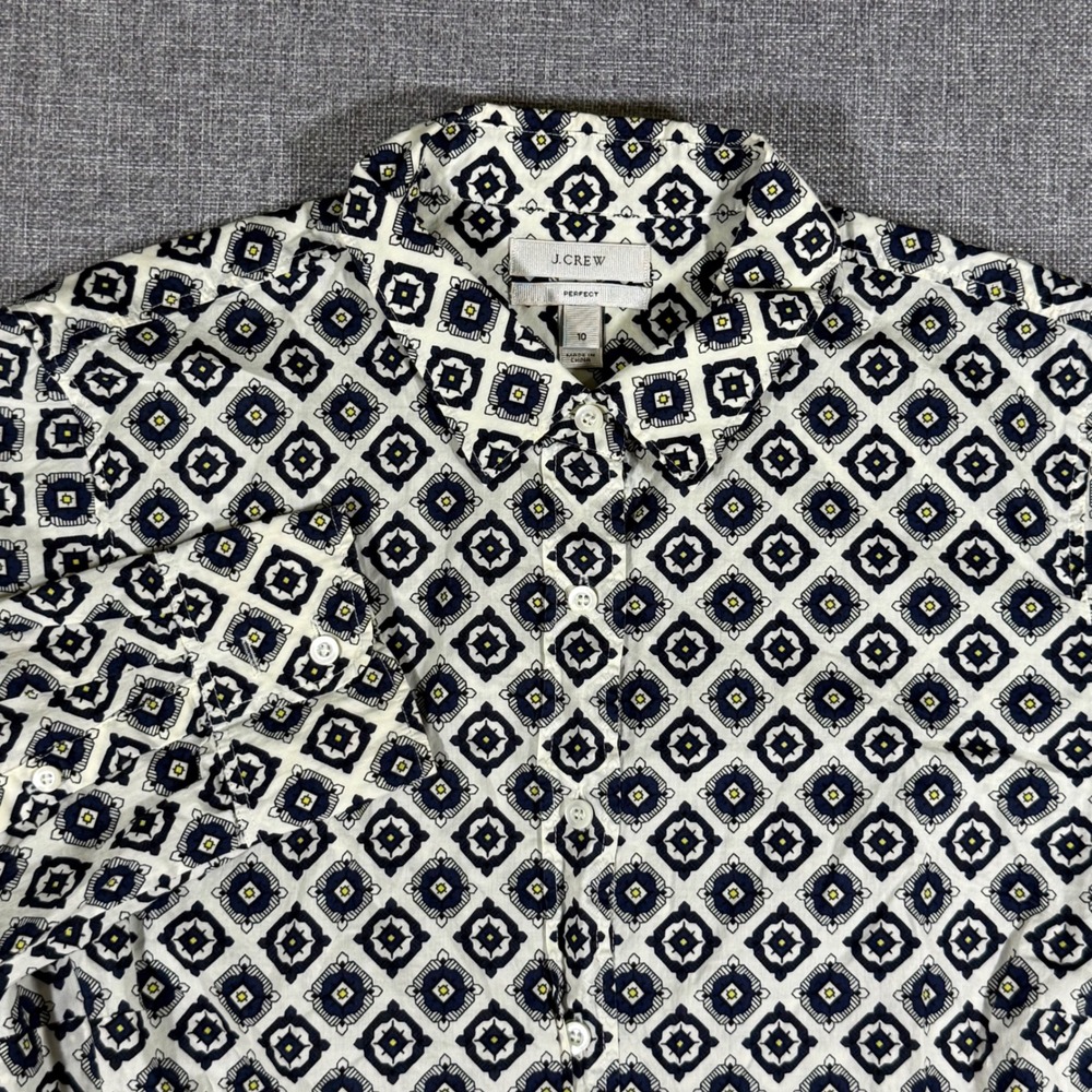 J.Crew Perfect Shirt Women 10 Navy Blue Geometric Tile Print Cotton Button Down